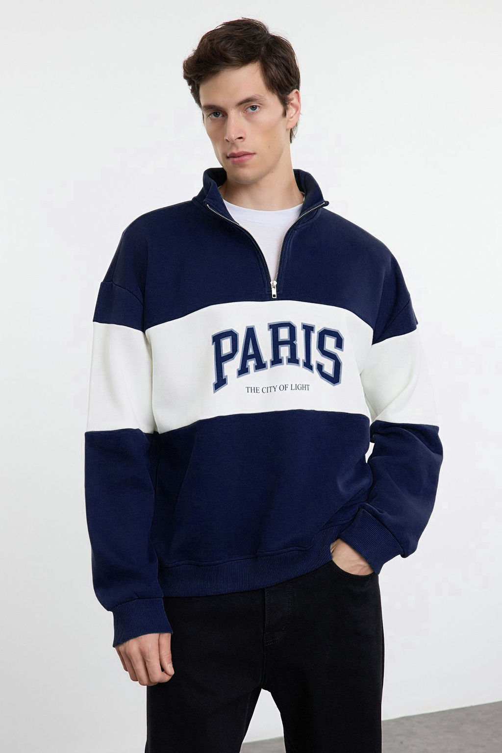 TRENDYOL MAN Zumrut Yesili Oversize/Genis City Bask?l? Renk Bloklu Dik Yaka Fermuarl? Sweatshirt TMNAW25SW00104 - Trendyolmilla фото 2