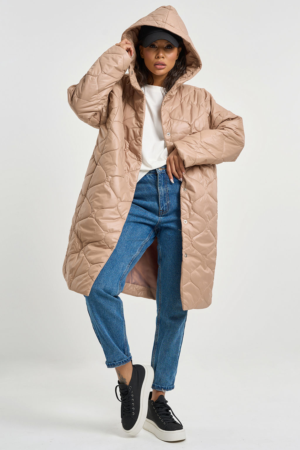 Куртка удлиненная стеганая с капюшоном бежевый - Fly фото 7