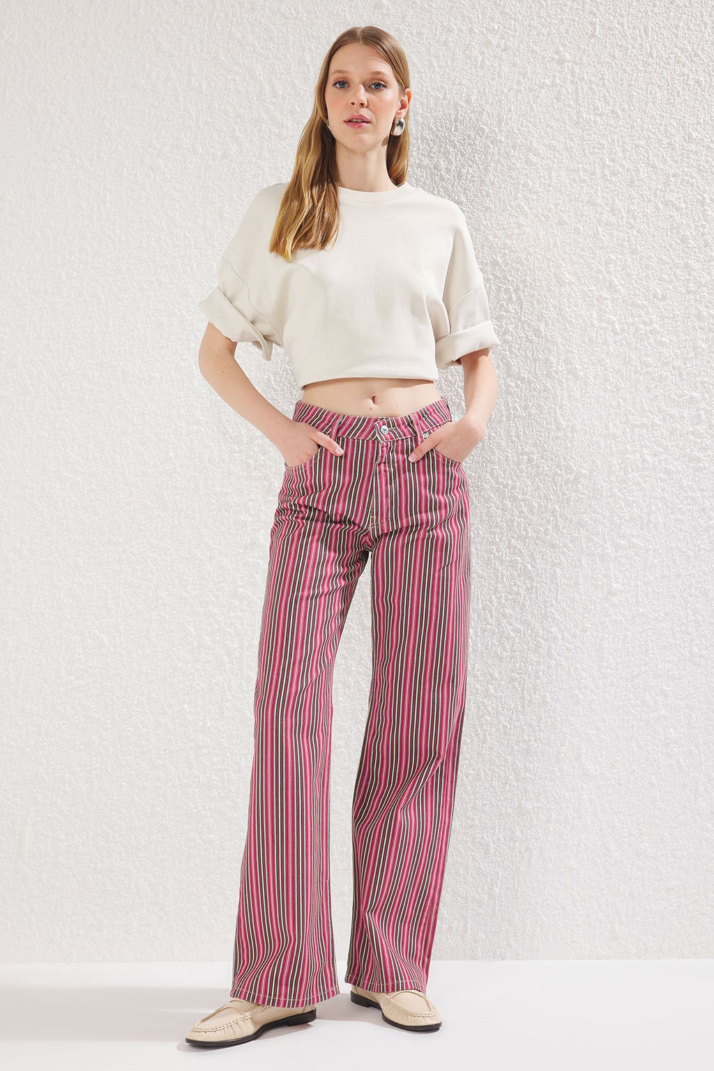 Cok Renkli Cizgili Normal Bel Wide Leg Jeans TWOSS25JE00207
