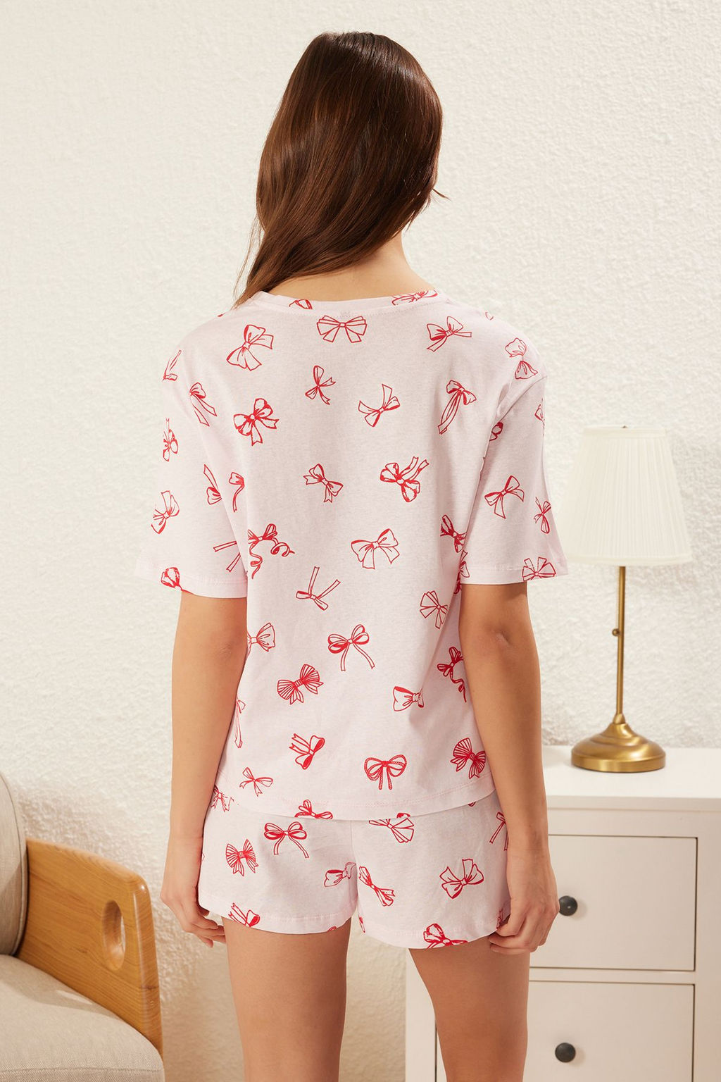 Trendyolmilla Pembe %100 Pamuklu Kurdele/Fiyonklu Sortlu Orme Pijama Tak?m? THMSS25PT00238  фото 10
