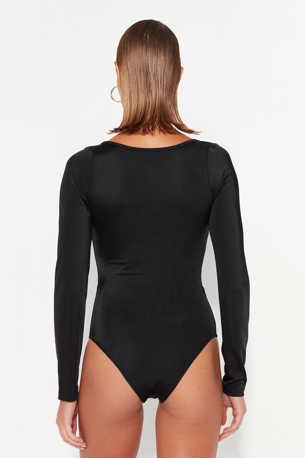 Siyah V Yaka Cut Out/Pencereli Uzun Kollu High Leg Mayo TBESS23MA00018