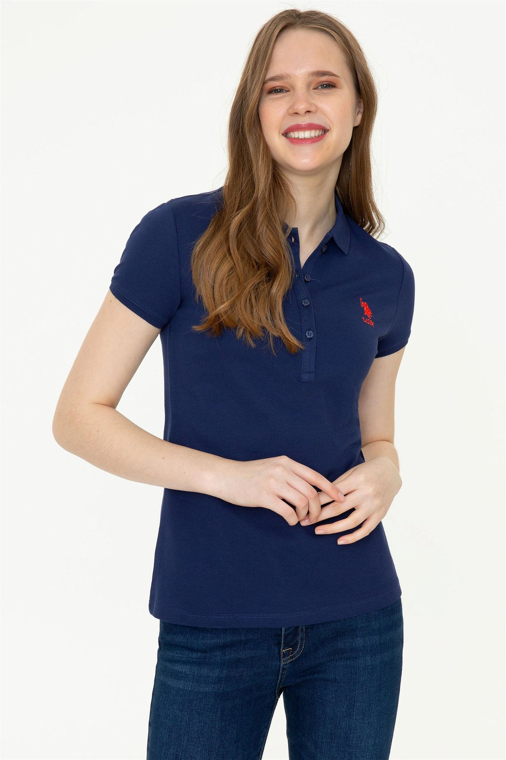 U. S. Polo Assn Женская темно-синяя базовая футболка с воротником-поло - U.s. polo assn фото 7