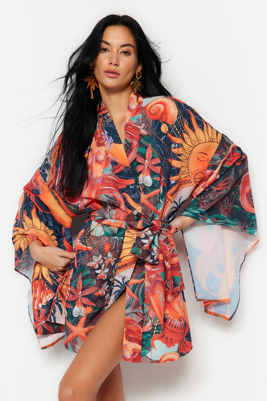 Tropikal Desenli Kusakl? Volanl? Mini Dokuma Plaj Kimono&Kaftan TBESS23KM00024