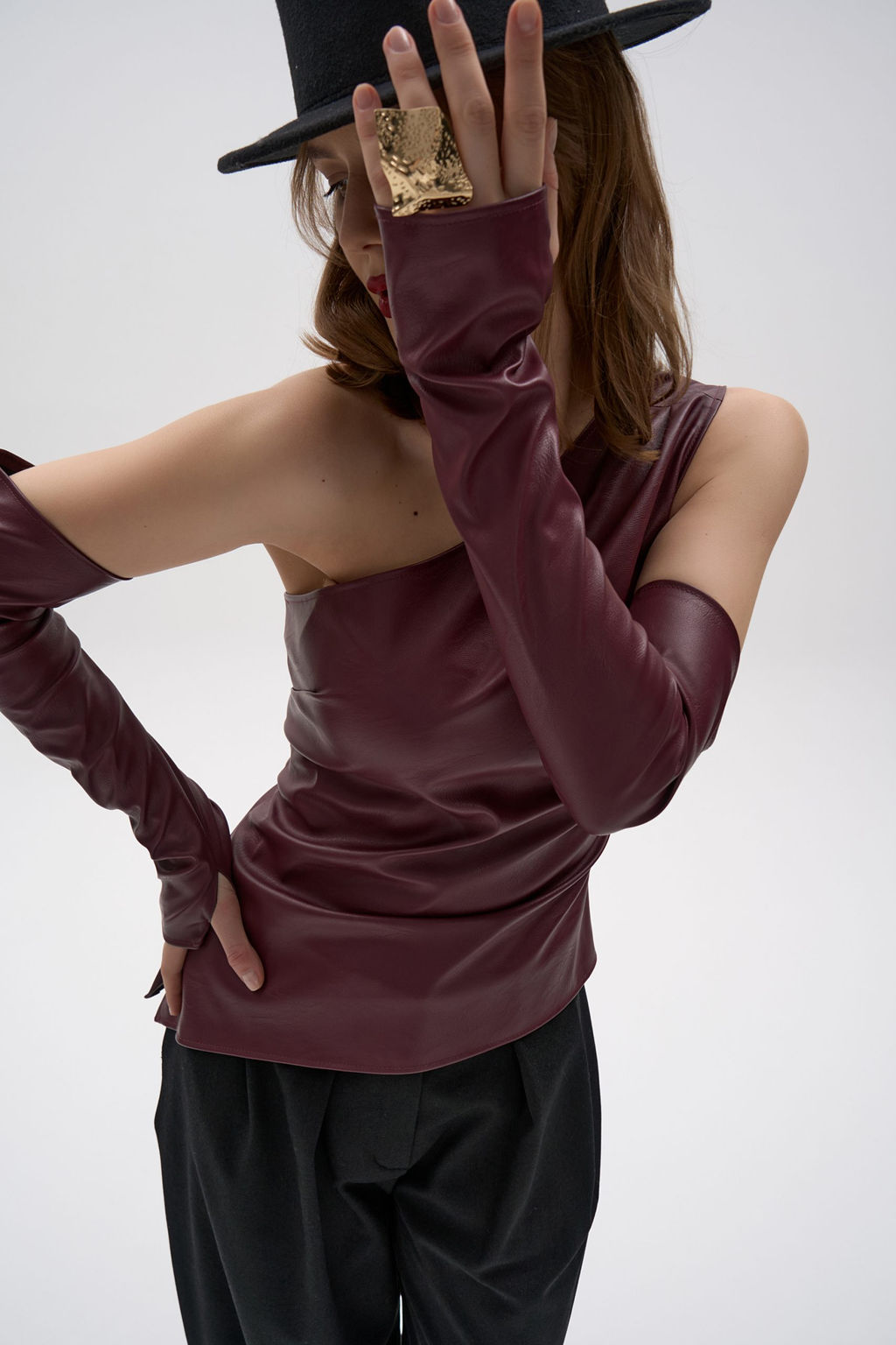 Кожаный топ с рукавами Рикси (бордовый)