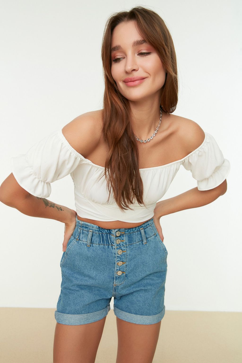 Trendyolmilla Siyah Baglama Detayl? Carmen Yaka Dokuma Bluz TWOSS21BZ0797  фото 9