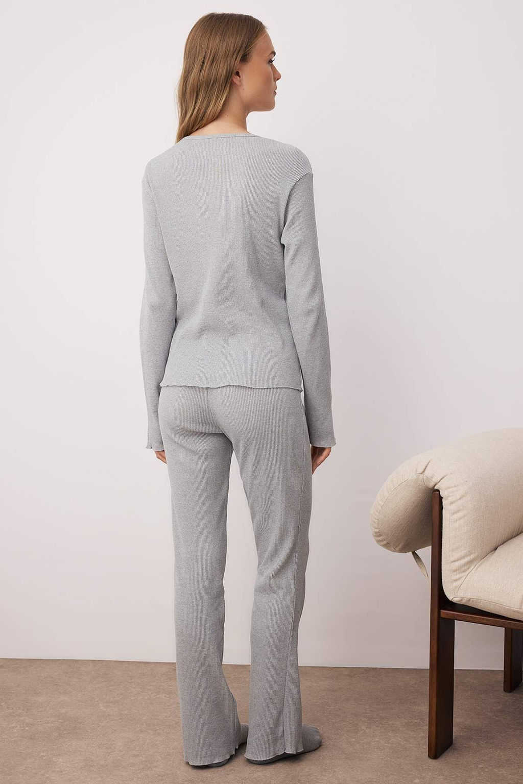 Gri Melanj Yar?m Patl? F?rf?rl? Fitilli Orme Pijama Tak?m? THMAW26PT00005 - Trendyolmilla фото 4