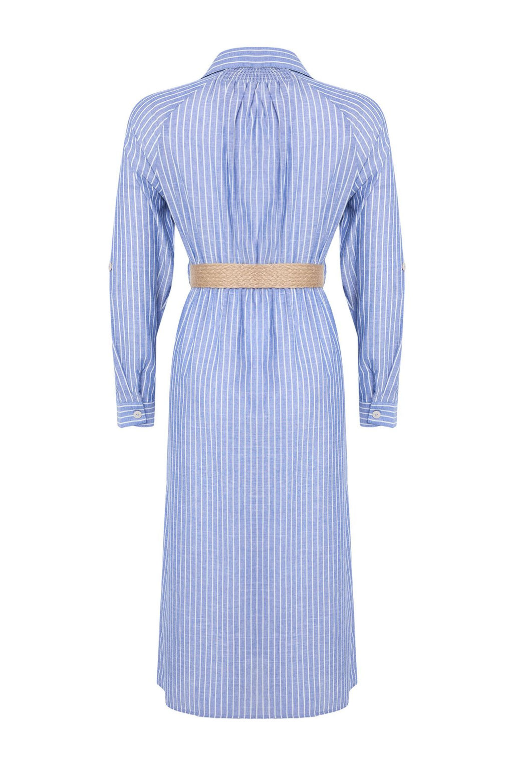 Mavi Kemerli Cizgili Midi Dokuma Gomlek Elbise TWOSS25EL00063