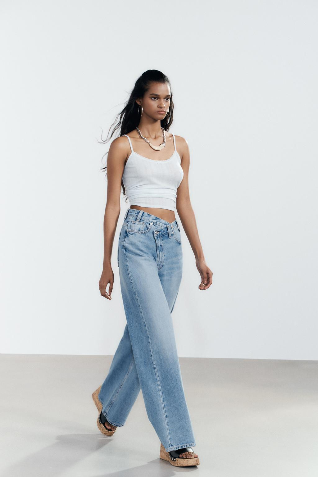 HIGH-WAIST TRF WIDE-LEG CROSSOVER WAIST JEANS - Zara фото 4