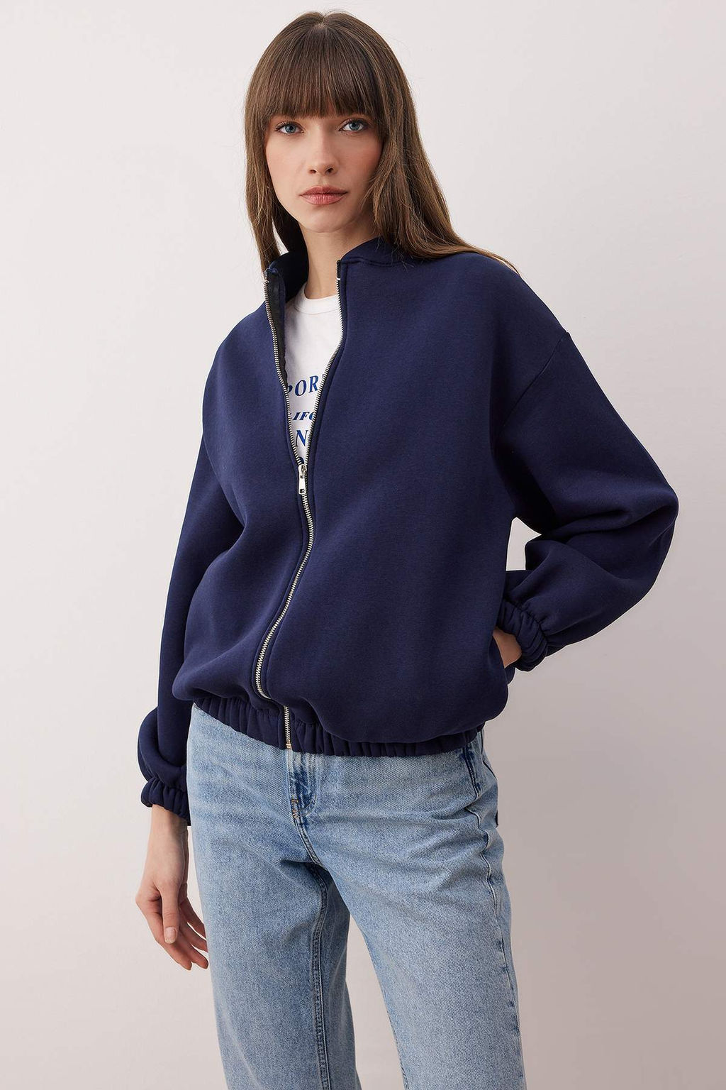 Lacivert Fermuarl? Oversize/Genis Kal?p Kal?n Ici Polarl? Orme Sweatshirt TWOAW25SW00122
