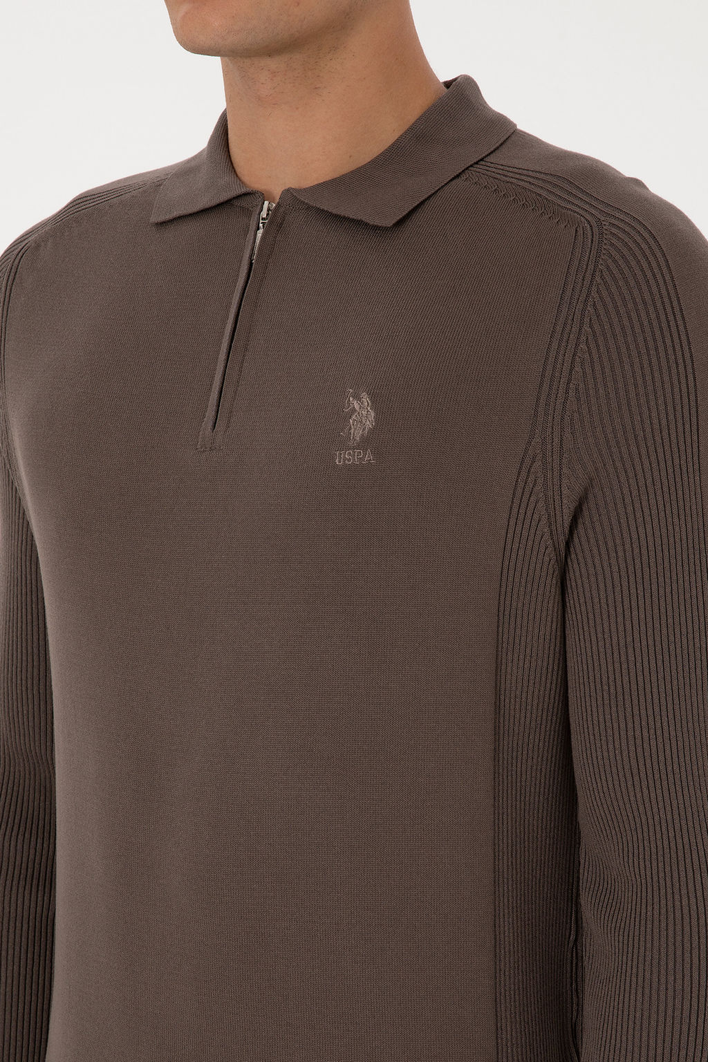 Erkek Slim Fit YarДm FermuarlД Polo Yaka Vizon Kazak - U.s. polo assn фото 7