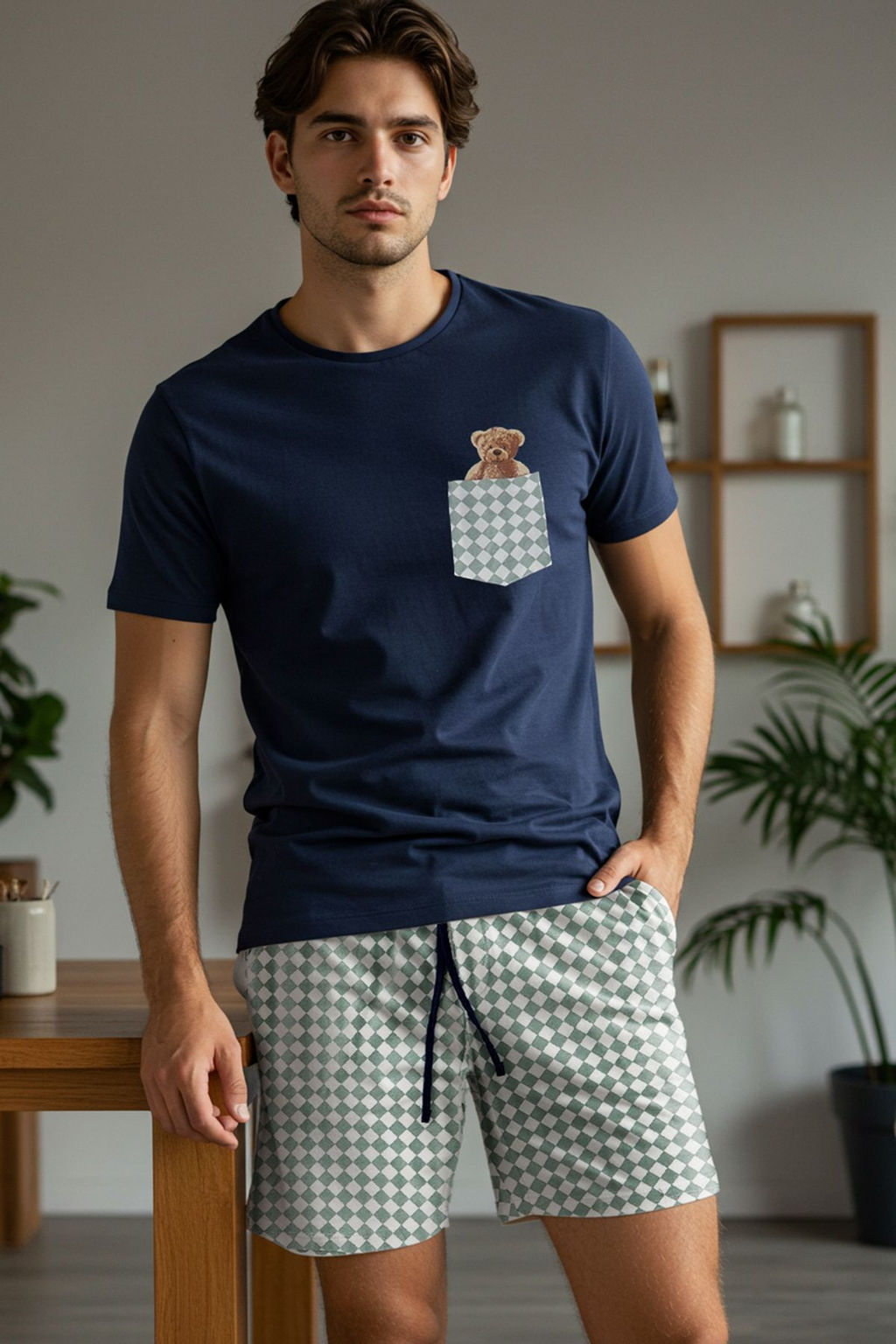 TRENDYOL MAN Lacivert Regular Ekose Couple/Cift Orme Sortlu Pijama Tak?m? TMNSS25PT00058