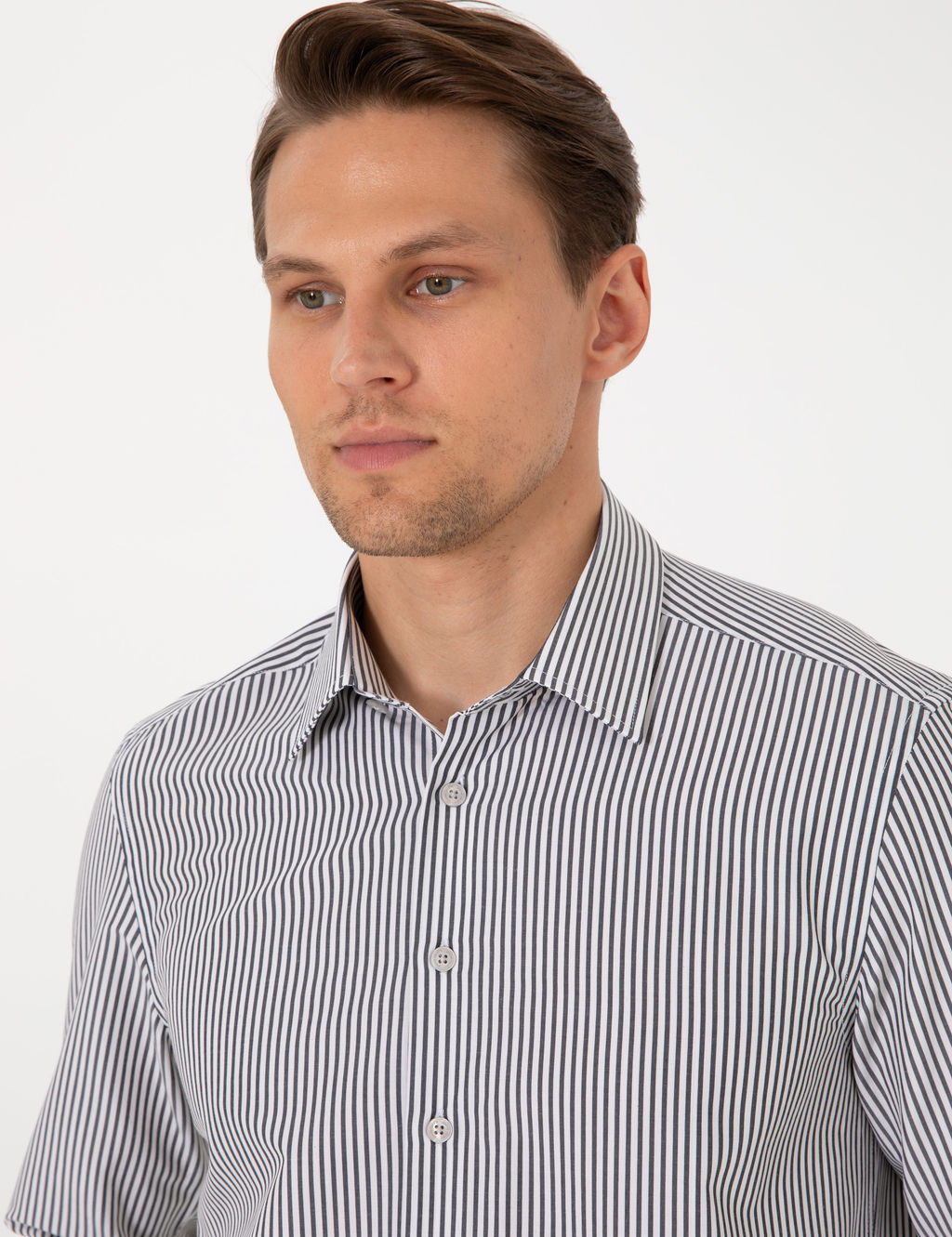 Siyah Slim Fit _izgili Uzun Kollu G_mlek