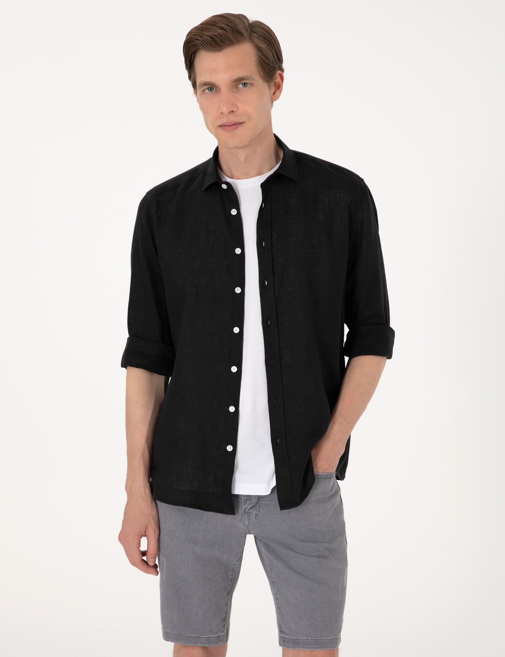 Siyah %100 Keten Regular Fit Uzunkollu G_mlek - Pierre cardin фото 8