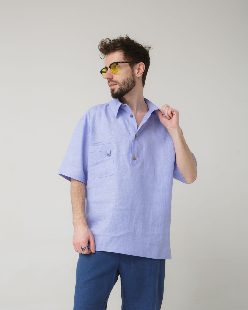 Рубашка льняная поло лаванда 26012