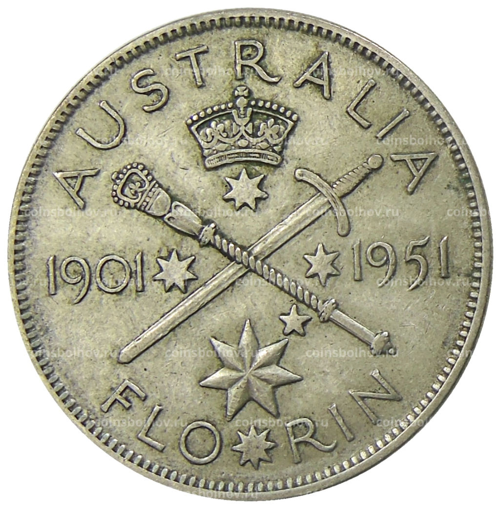 Монета 1 флорин (2 шиллинга) 1951 года Австралия 50 лет Федерации