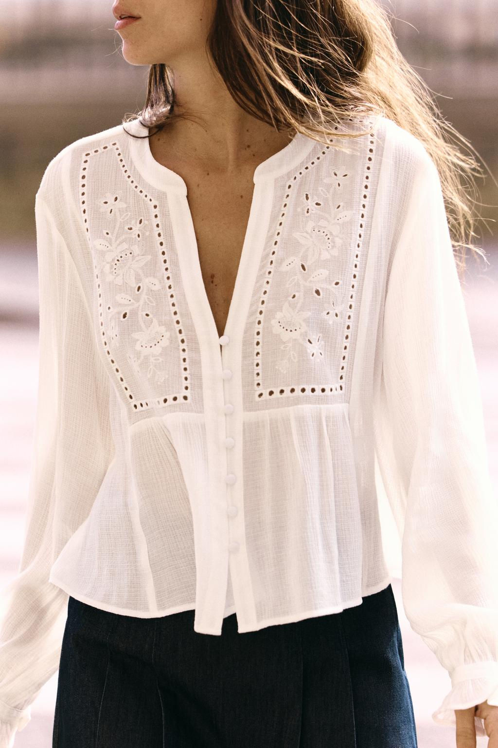 CROPPED BLOUSE WITH CUTWORK EMBROIDERY - Zara фото 2
