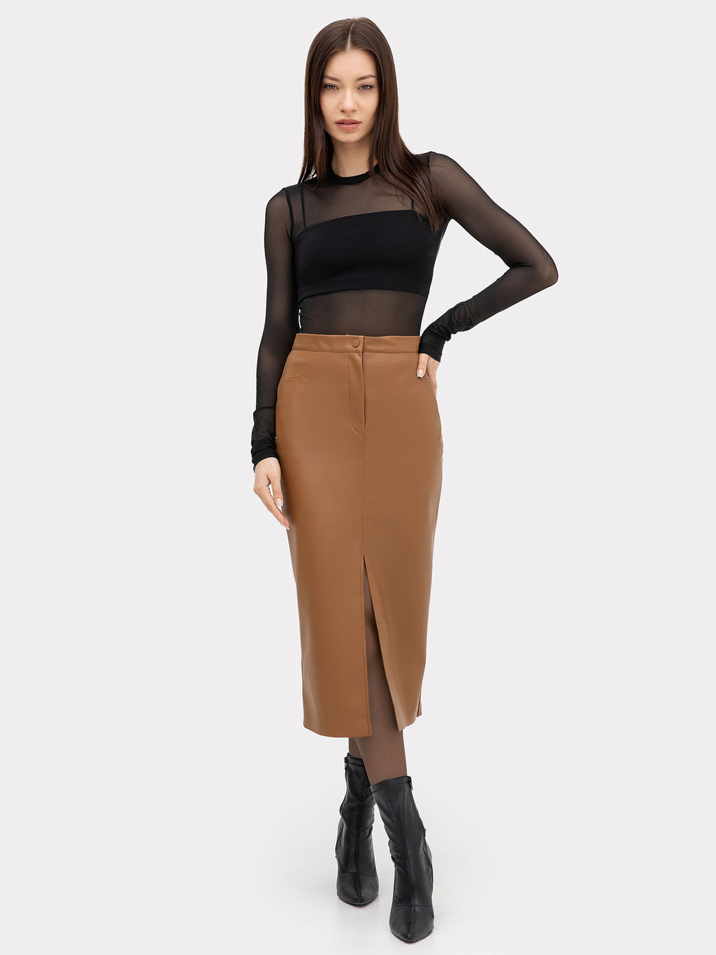 Юбка женская миди коричневая из экокожи - Mark formelle фото 2