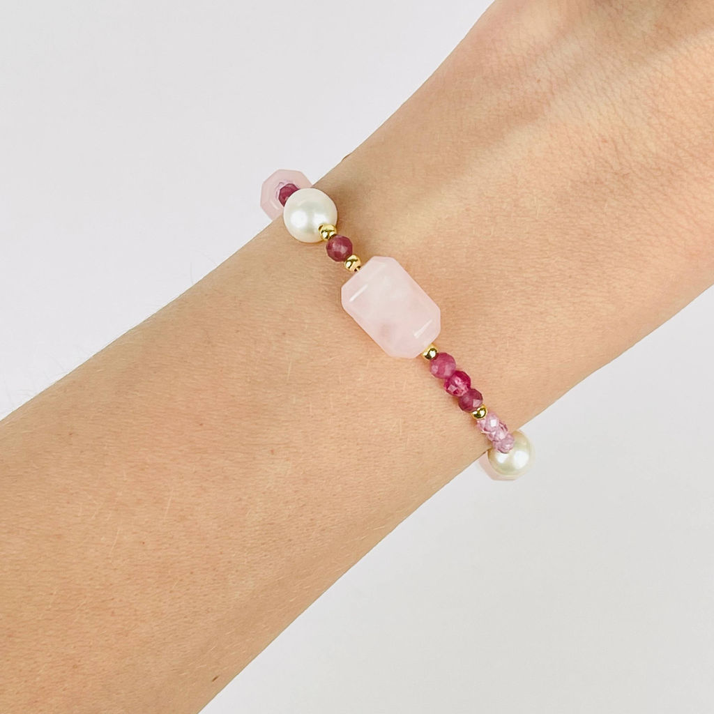 Браслет из Розового кварца, Турмалина и Жемчуга 17 см +