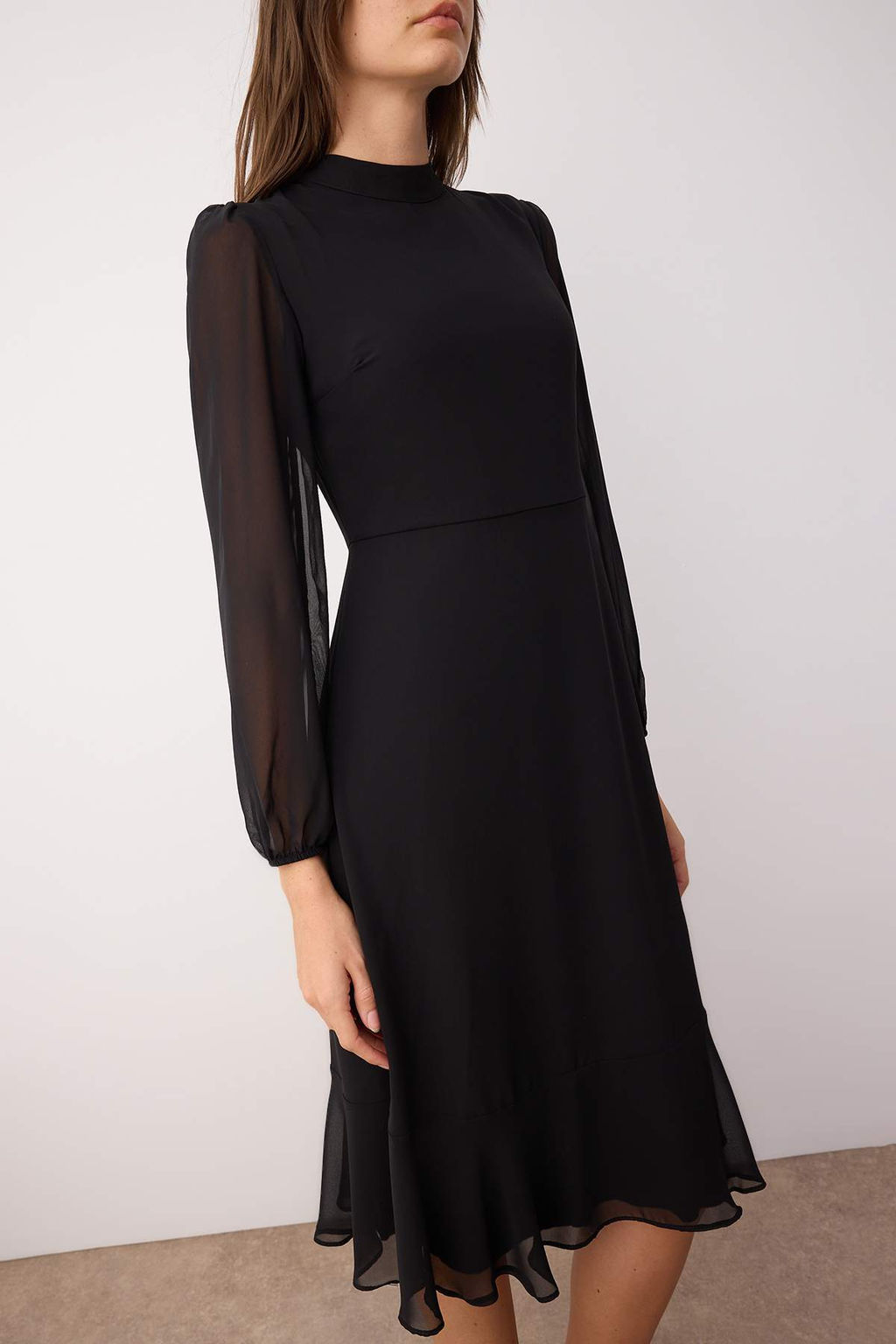 Siyah A Kesim Dik Yakal? Midi Astarl? Sifon Dokuma K?sl?k Elbise TWOAW20EL1313