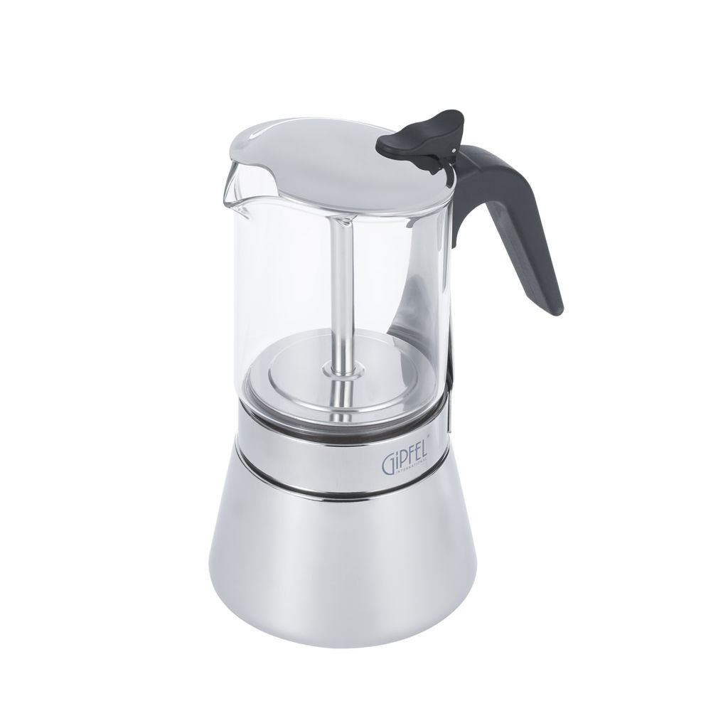 5343 GIPFEL Гейзерная кофеварка PIACERE 360мл на 8 чашек, со стеклянной колбой. Подходит для индукционных плит. Материал: жаропрочное боросиликатное стекло, нерж. сталь, нейлон.  фото 2