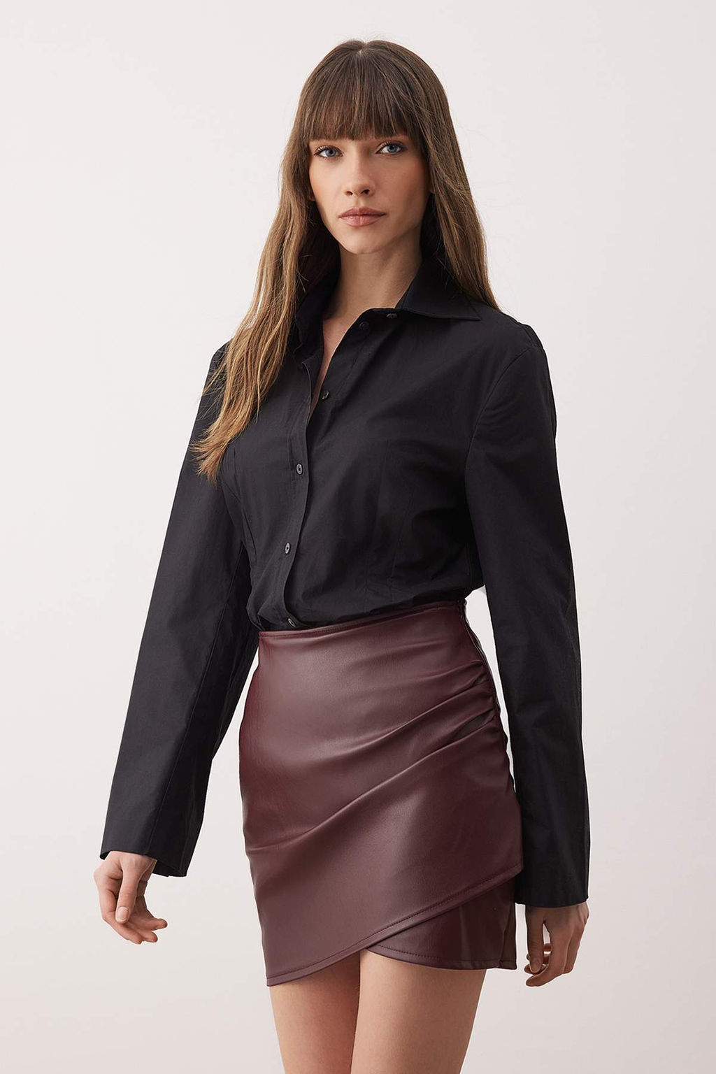 Ici Sardonlu Suni Deri Drapeli Yuksek Bel Vucuda Oturan Orme Etek TWOAW26ET00138 - Trendyolmilla фото 2