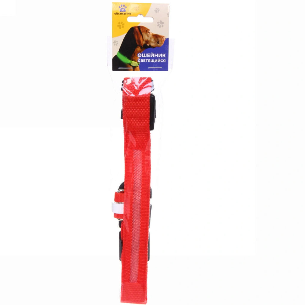 Ошейник с подсветкой и кольцом для жетона для средних пород собак "Бро видно", цвет красный, размер M - 2,5*50см (лейбл)