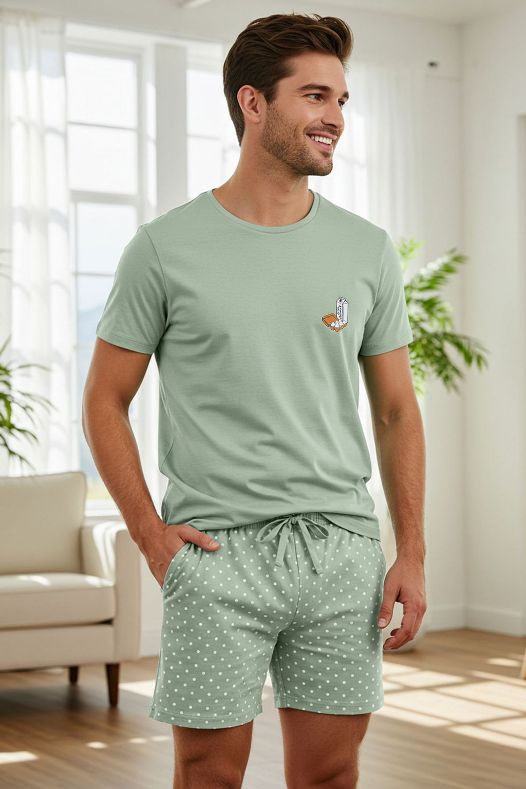 TRENDYOL MAN Mint Regular Fit Bask?l? Puantiyeli Orme Sortlu pijama Tak?m? TMNSS25PT00024