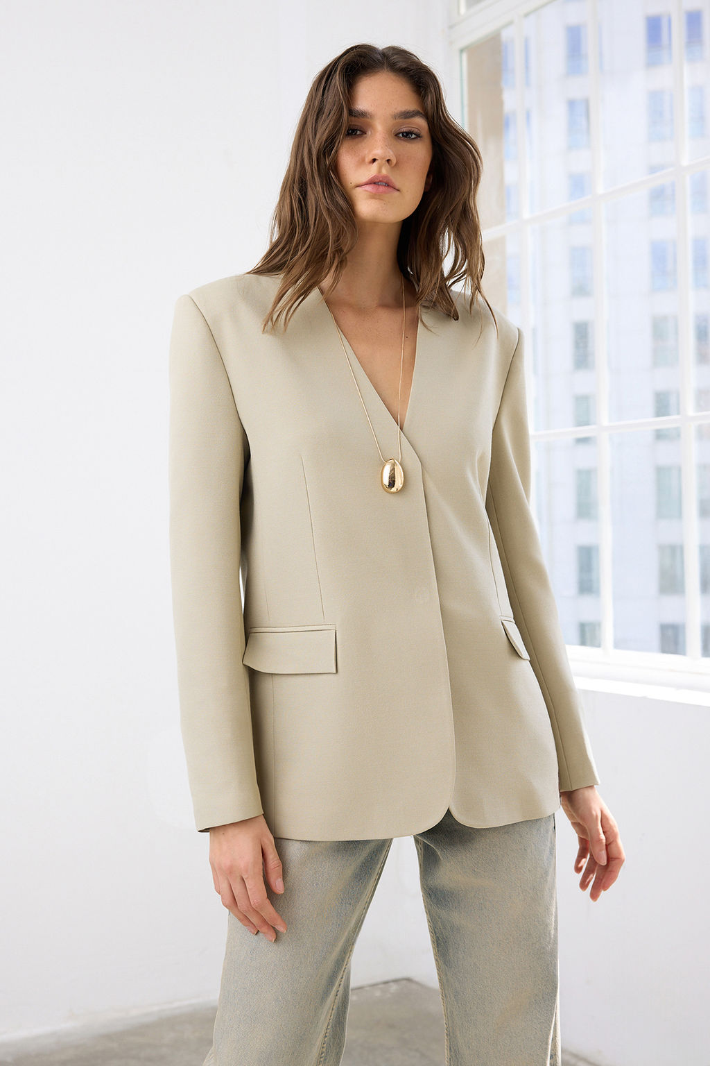 Vizon C?tc?t Kapamal? Regular/Normal Kal?p Yakas?z Dokuma Blazer Ceket TWOAW26BC00030