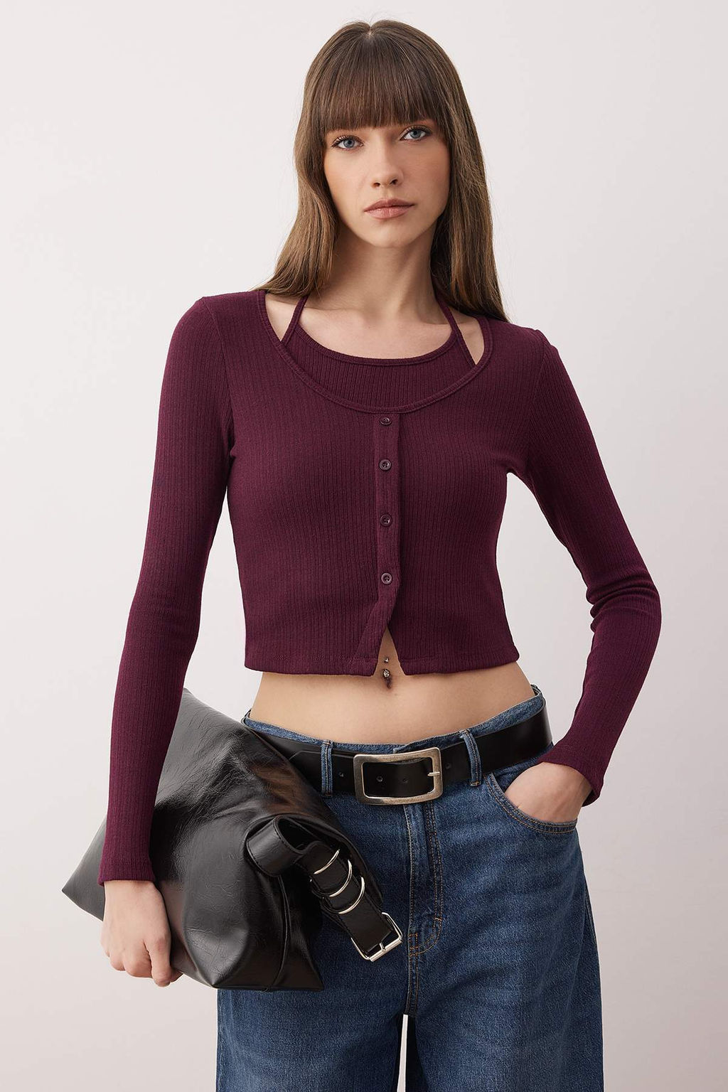 Murdum 2li Vucuda Oturan Cift Gorunumlu Kurdele Detayl? Triko Gorunumlu Orme Bluz TWOAW26BZ00119