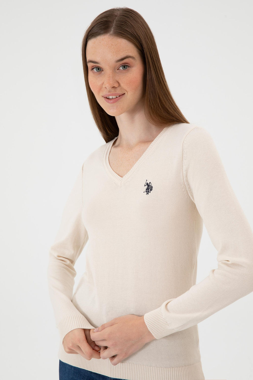 Kad_n Krem Melanj V Yaka Basic Kazak Sepette S_rpriz _ndirim - U.s. polo assn фото 2