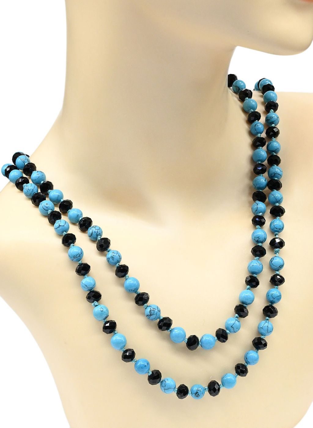 Бусы длинные из бирюзы искусственной и циркона шарик 8мм