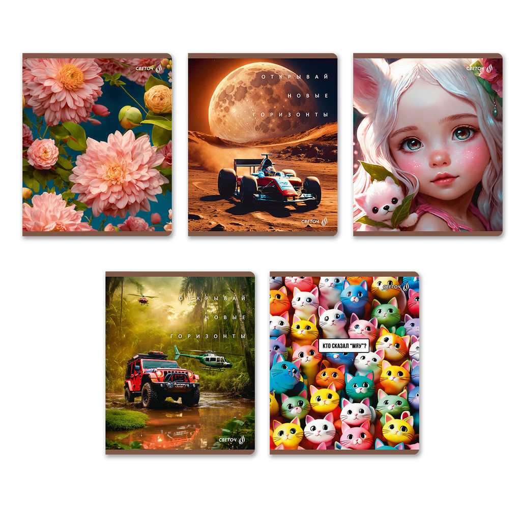 Светоч Т77 Тетрадь ученическая общая, матовый сплошной лак+запечат.титул лист A5 60 л. на скобе 65 г/кв.м , белизна 100 % 10 шт. клетка 01123 Микс-Летний день