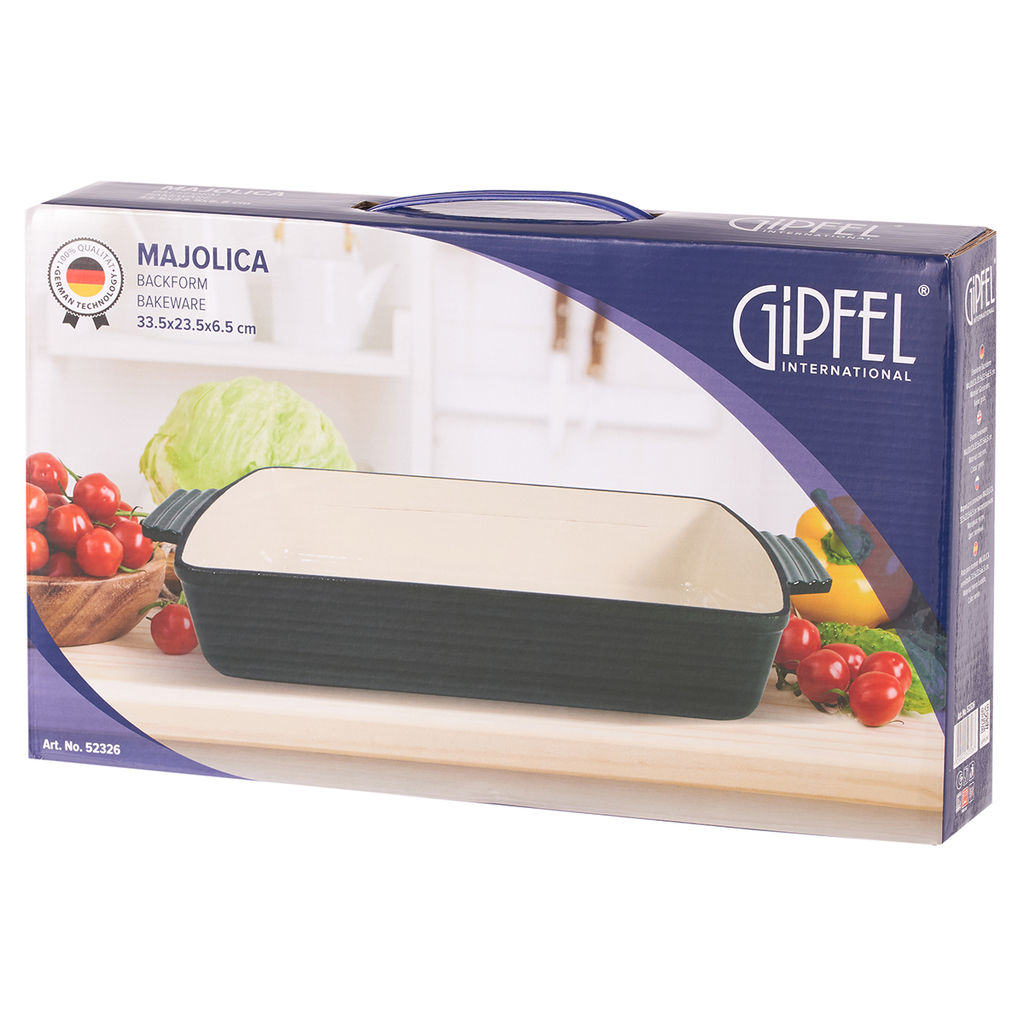 52326 GIPFEL Форма для запекания MAJOLICA 33,5х23,5x6,5 см эмалированная. Материал: чугун. Цвет: зелёный.
