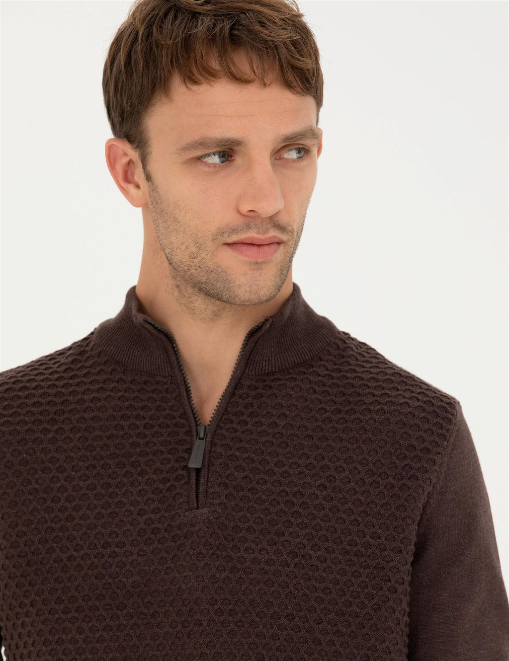 Kahverengi Slim Fit Fermuarl_ Dik Yaka Triko Kazak - Pierre cardin фото 2