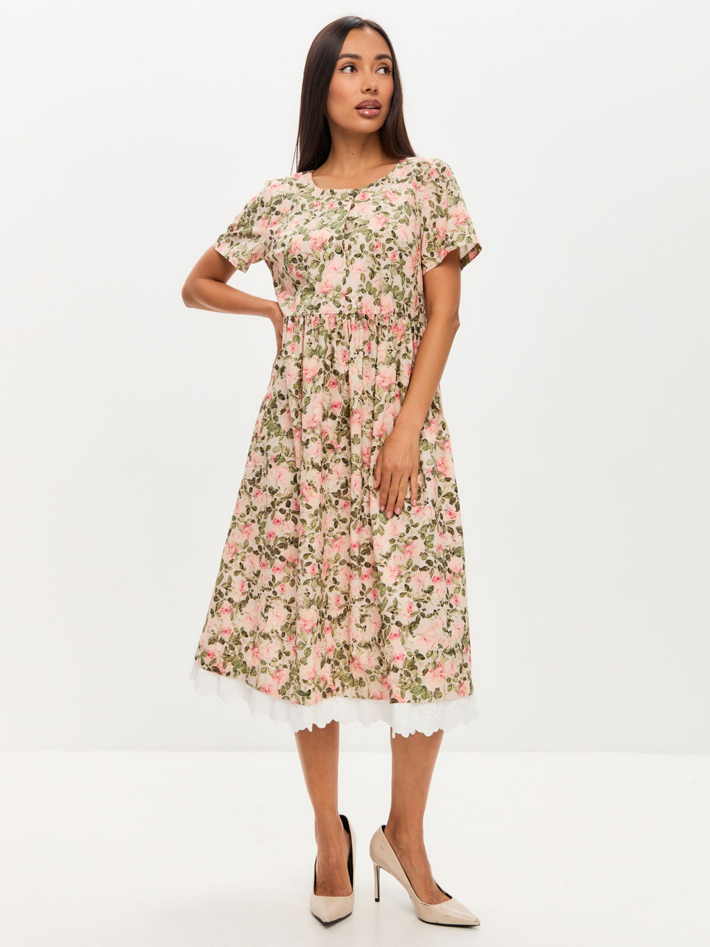 Платье из хлопка без воротника OD-727-13 розовые цветы зеленые листья