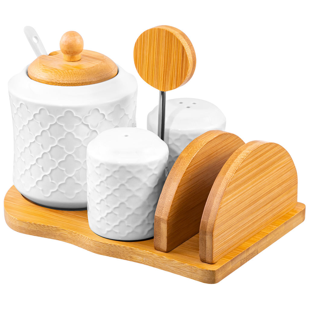 Набор - сахарница 350 мл "Арабеск" с ложкой + солонка + перечница + салфетница на дер.подст.с ручкой