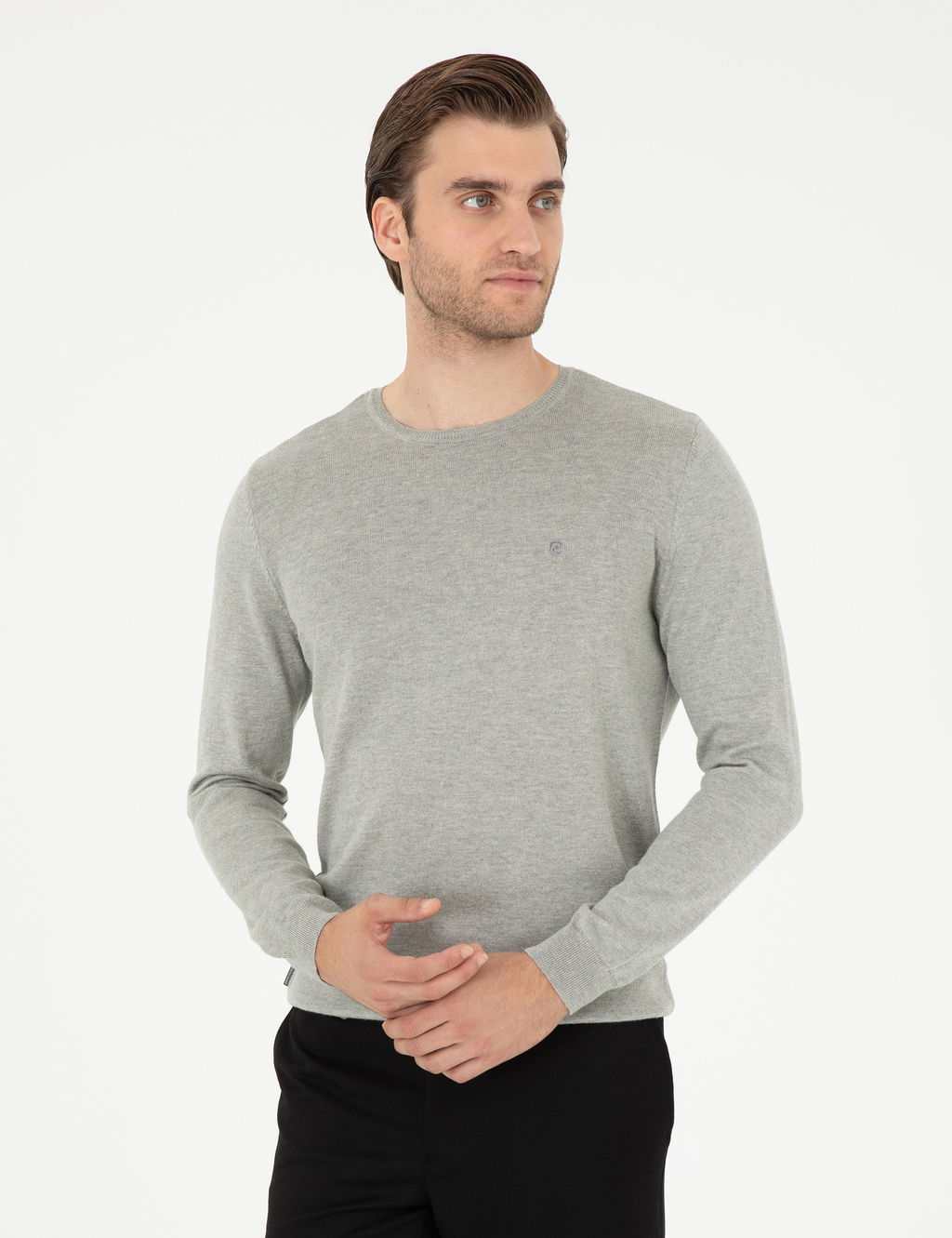 A__k Gri Melanj Slim Fit Bisiklet Yaka Basic Triko Kazak
