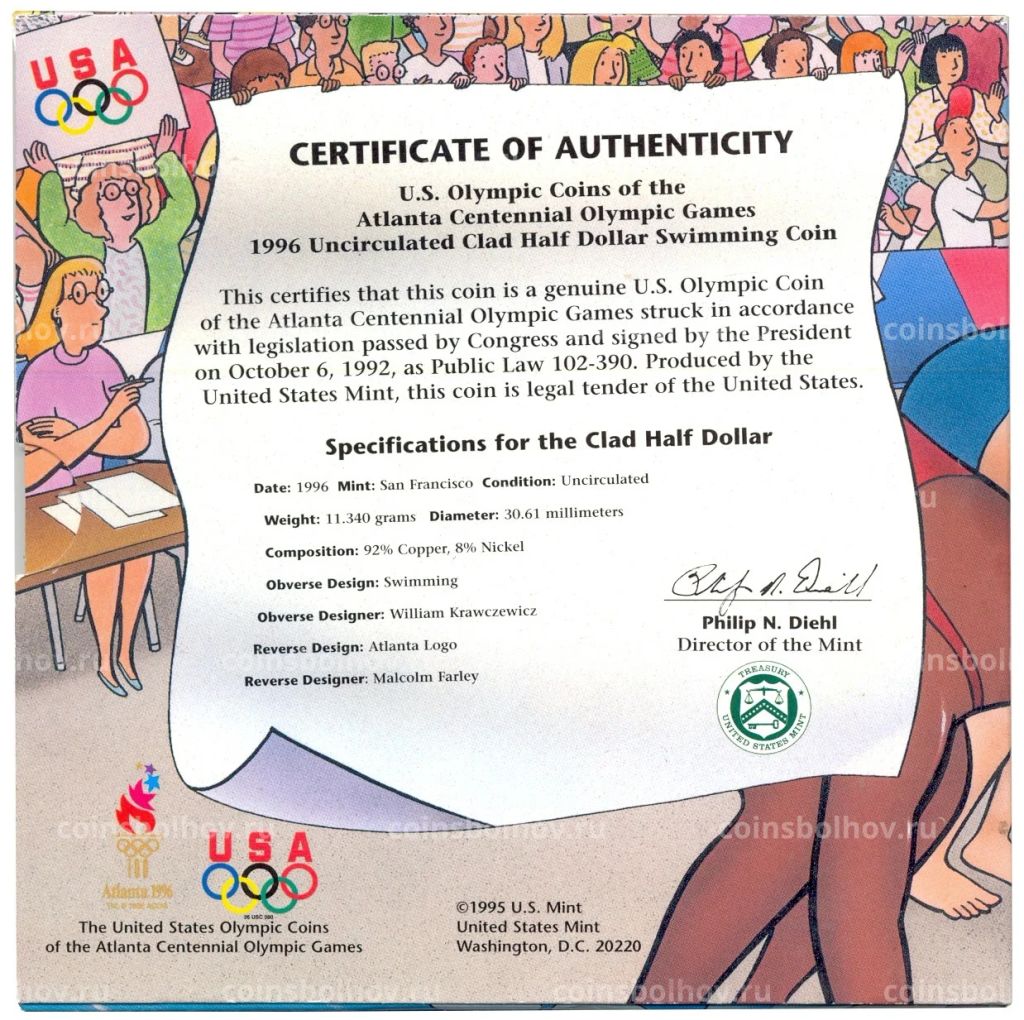 Монета 1/2 доллара (50 центов) 1996 года S США XXVI летние Олимпийские Игры в Атланте 1996  Плавание (в подарочном буклете)