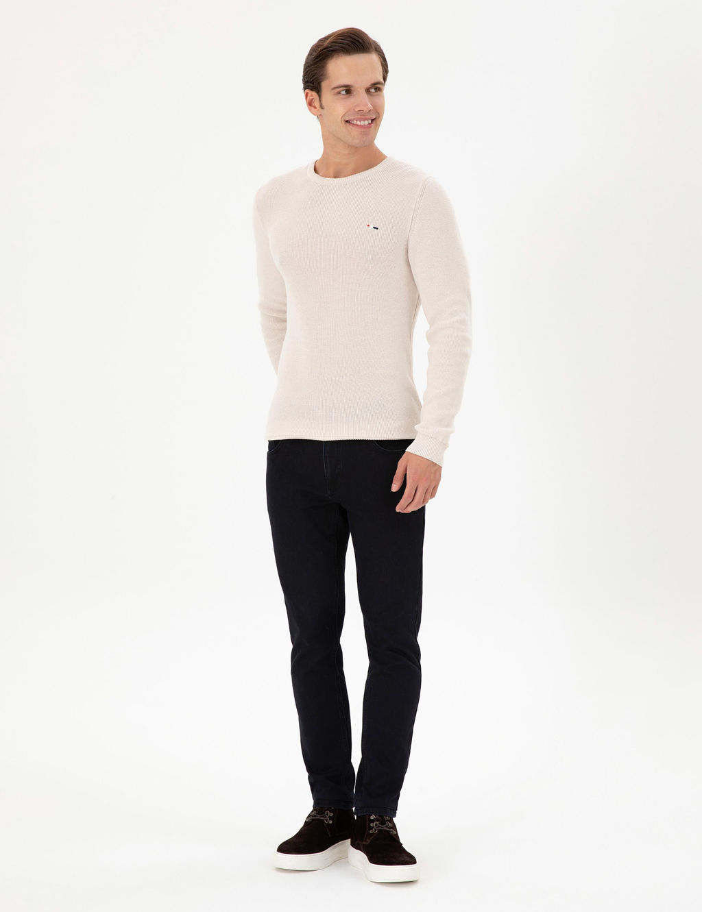 Erkek Slim Fit Bisiklet Yaka Krem Basic Kazak - U.s. polo assn фото 4