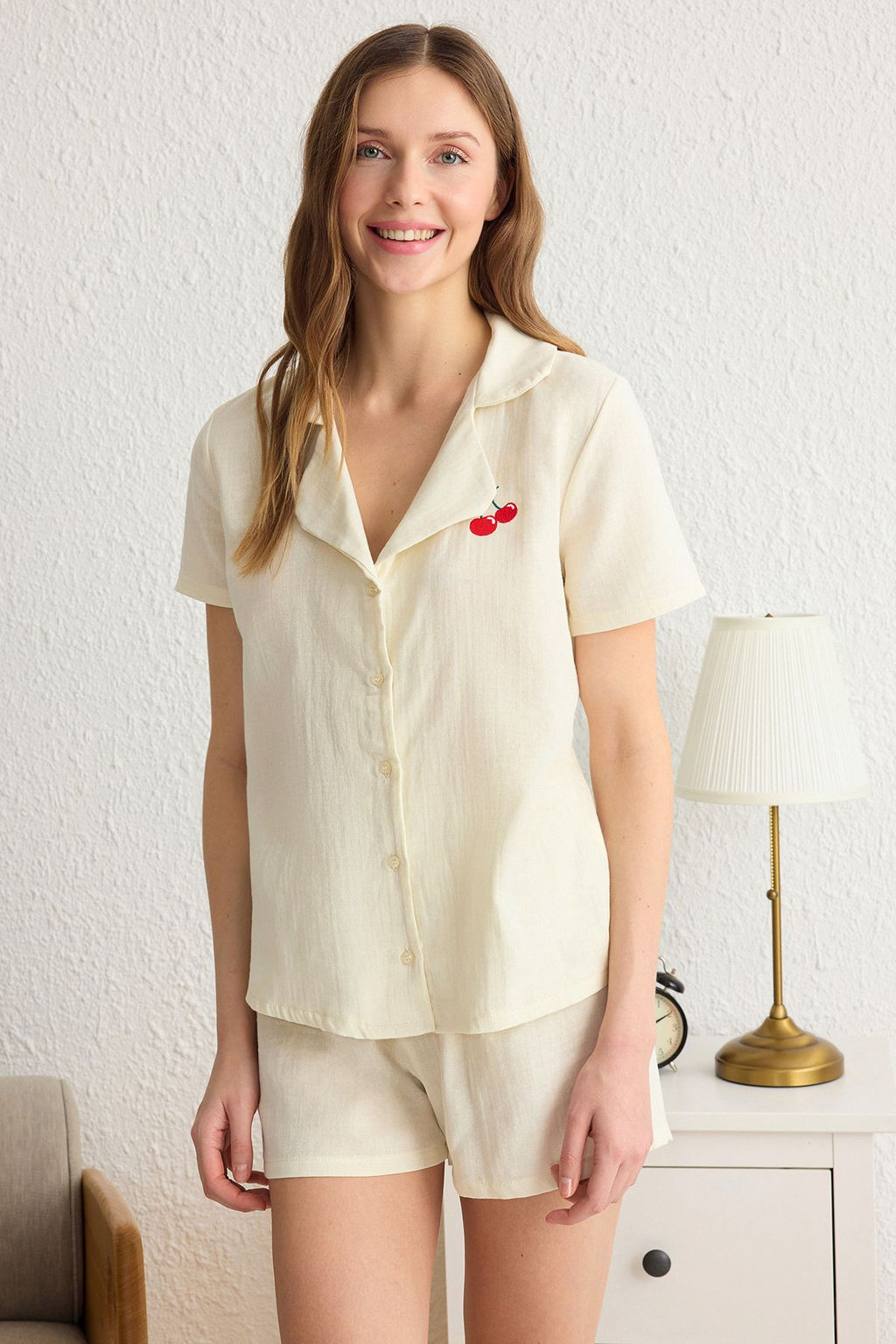 Trendyolmilla Lila %100 Pamuklu Papatya Nak?sl? Muslin Sortlu Dokuma Pijama Tak?m? THMSS25PT00032  фото 2