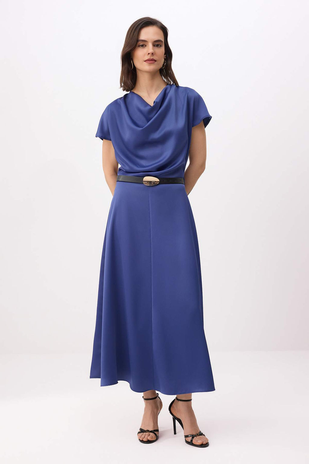 Petrol Saten Degaje Yaka Kemerli Midi Dokuma Elbise TWOSS26EL00351 - Trendyolmilla фото 2