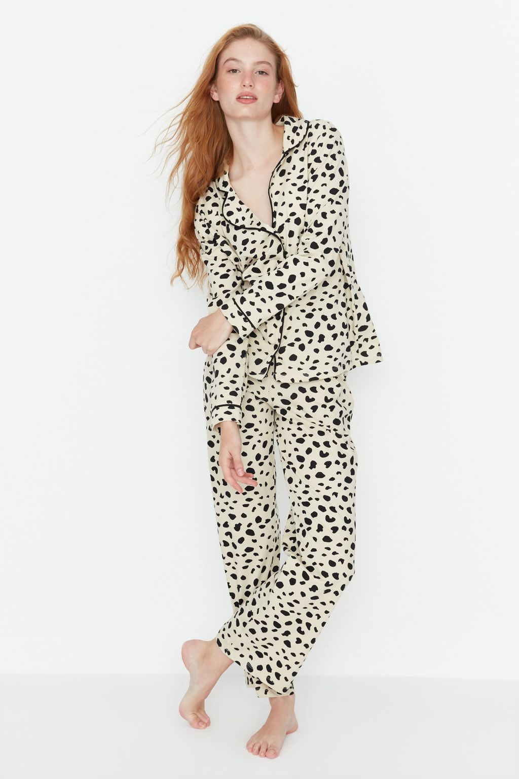 Trendyolmilla Bej %100 Pamuklu Leopar Desenli Gomlek-Pantolon Orme Pijama Tak?m? THMAW21PT0489 фото 9
