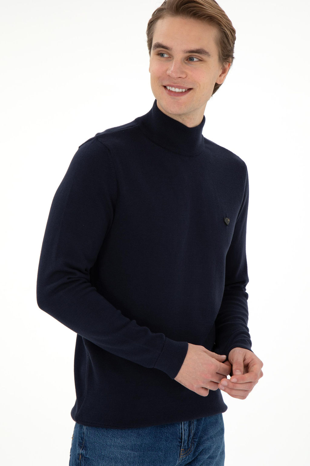 Erkek Slim Fit Yar_m Bal_k__ Yaka Lacivert Basic Kazak