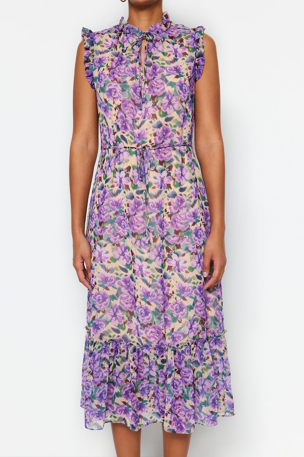 Cok Renkli Cicek Desenli A-Kesim Midi Astarl? Sifon Dokuma Elbise TWOSS23EL01840