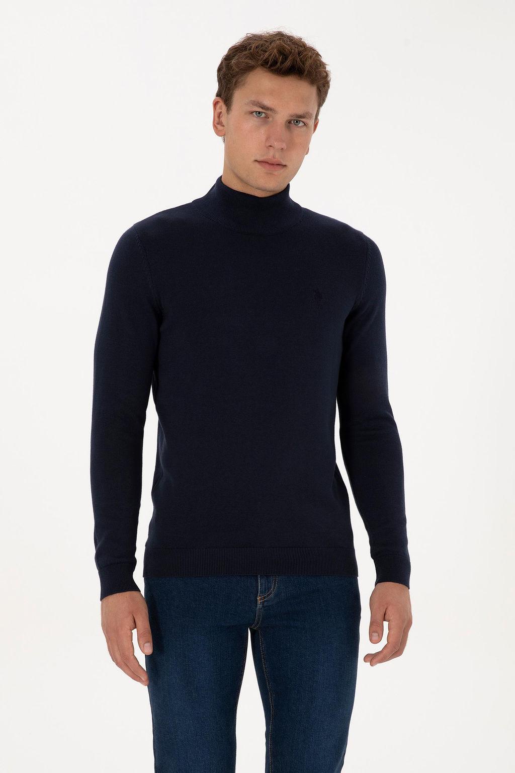 Erkek Slim Fit Yar_m Bal_k__ Yaka Lacivert Basic Kazak