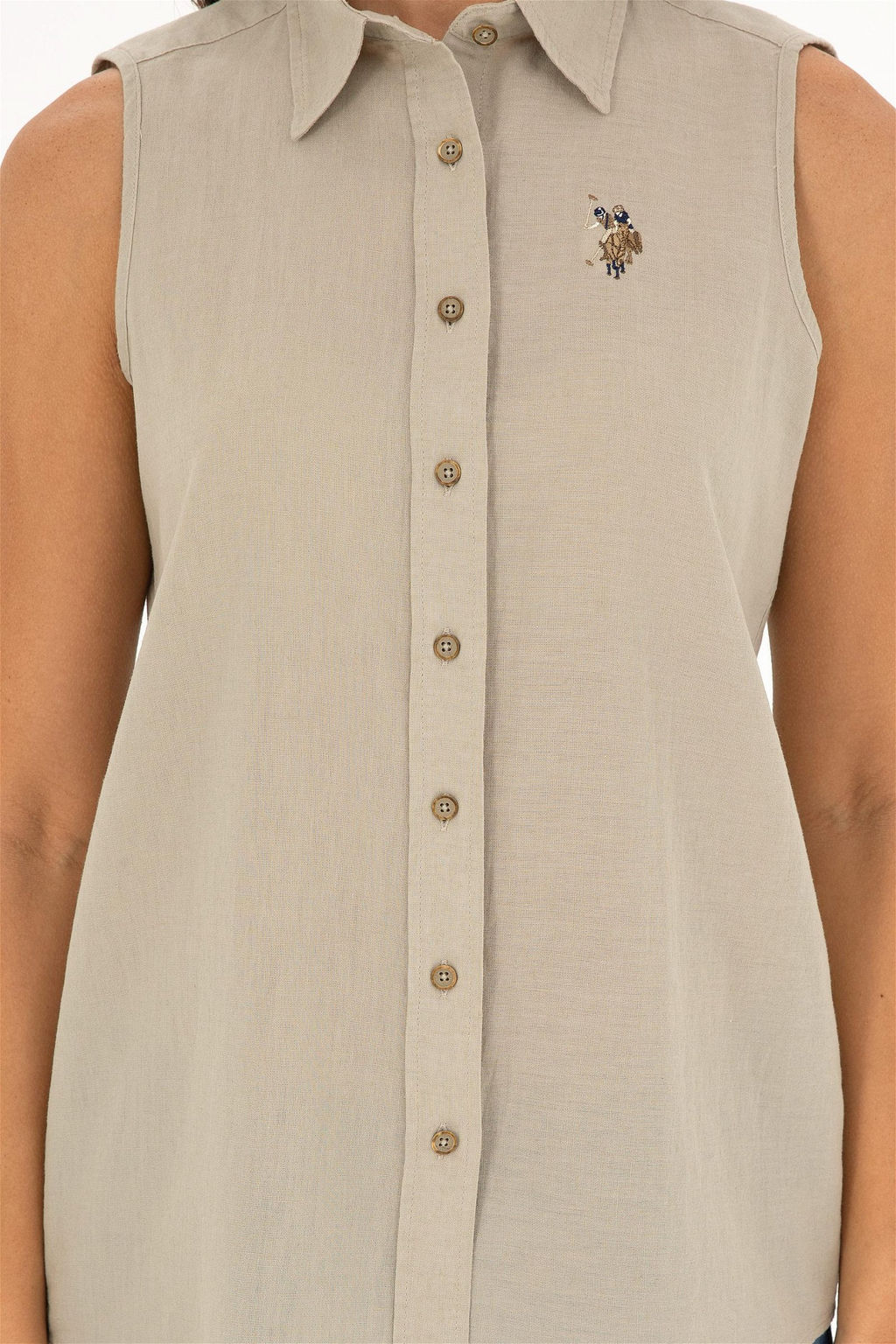 U. S. Polo Assn / Женская льняная рубашка светло-хаки с коротким рукавом - U.s. polo assn фото 6