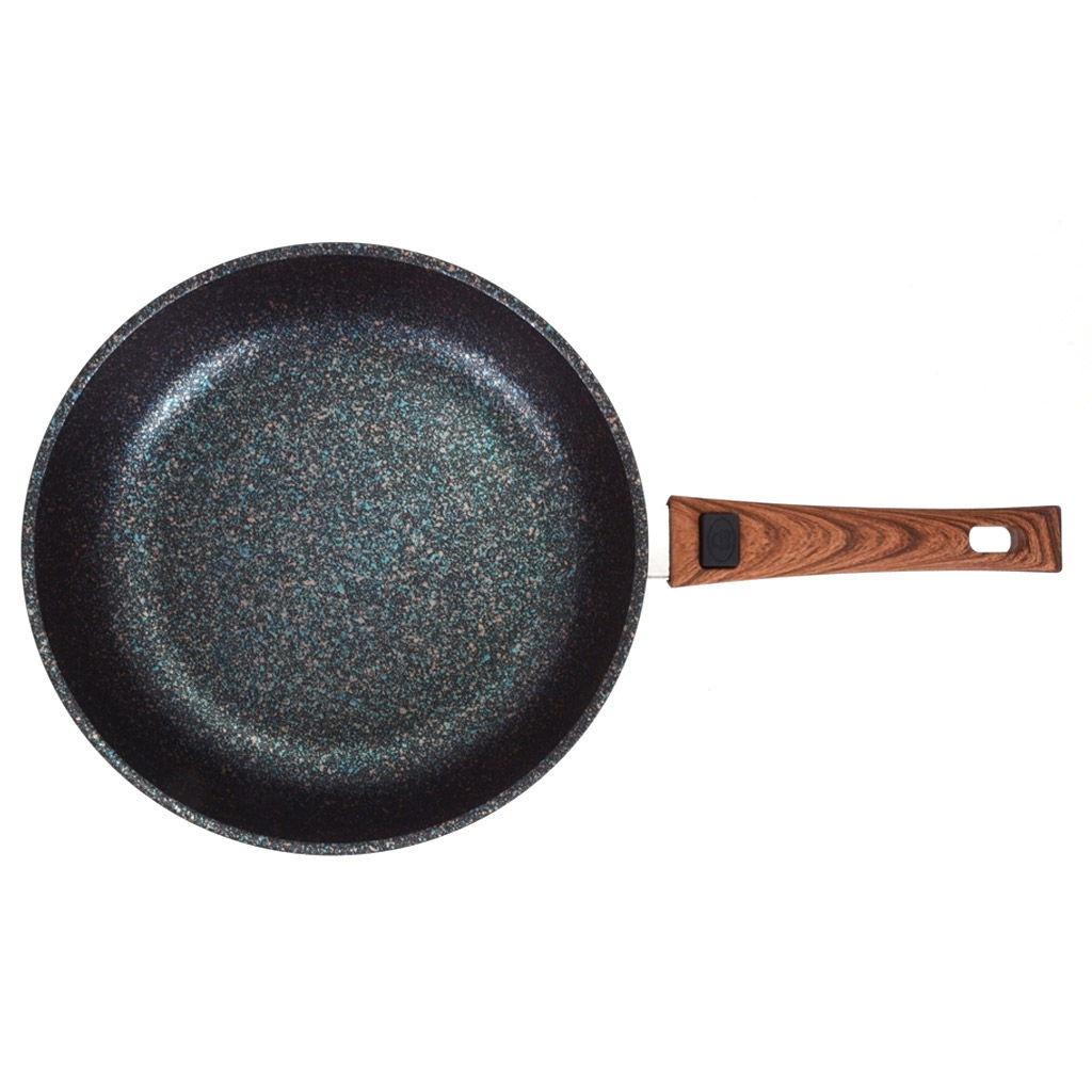 Сковорода с тефлоновым покрытием д24см Granit Ultra, h6см, съемная ручка из термостойкого пластика 17см, стеклянная жаропрочная крышка, голубой гранит (Россия) - можно использовать металлические кухонные принадлежности - Домашняя мода фото 6