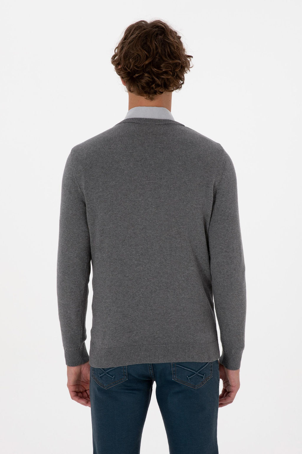 Erkek Slim Fit V Yaka Gri Melanj Basic Triko Kazak - U.s. polo assn фото 5