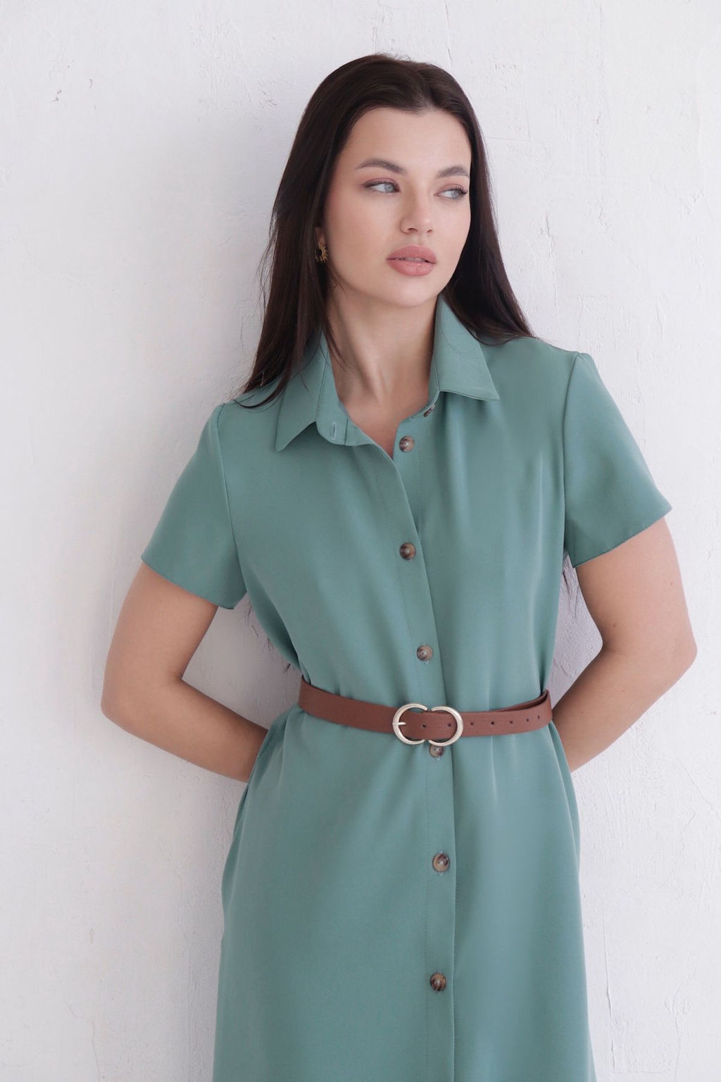 Платье-рубашка удлинённое в пыльном зелёном - Martichelli фото 4