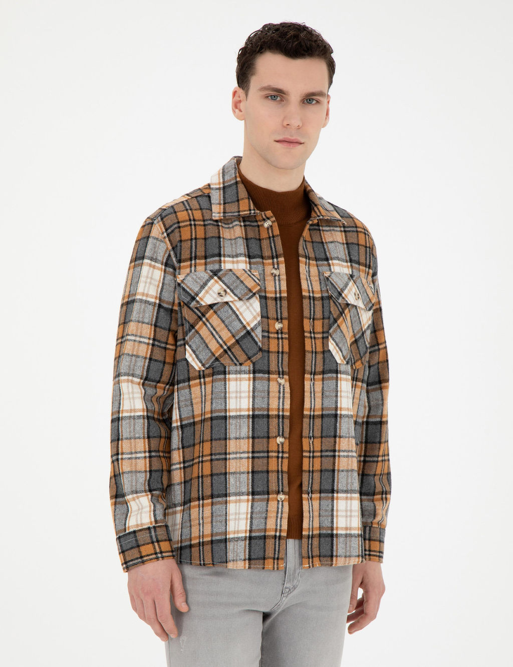 A__k Kahverengi Oduncu Oversize Uzun Kollu G_mlek